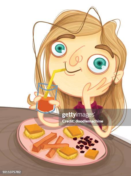 cutie with her snack - girl eating cheese stock illustrations