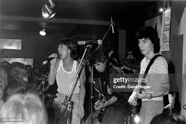 Mick Jagger, Keith Richards and Bill Wyman of The Rolling Stones perform live at The 100 Club on 31st May 1982, London.