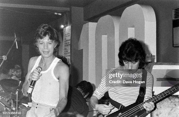 Mick Jagger and Bill Wyman of The Rolling Stones perform live at The 100 Club on 31st May 1982, London.