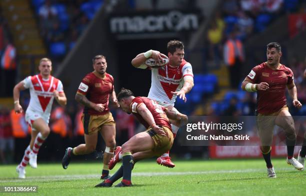 Louie McCarthy-Sccarsbrook of St Helens in action during the Ladbrokes Challenge Cup Semi Final match between St Helens and Catalans Dragons at...