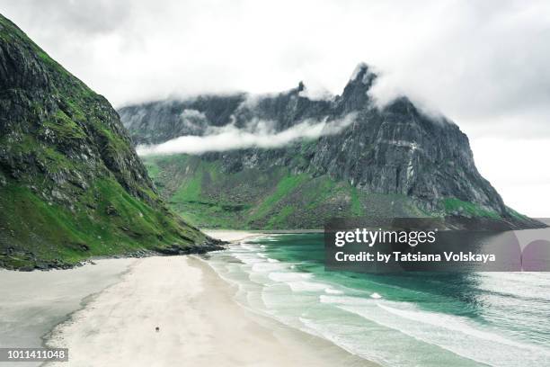 arctic panorama with sea, two peoples on the beach and mountains in background, lofoten islands, norway - reine stock pictures, royalty-free photos & images