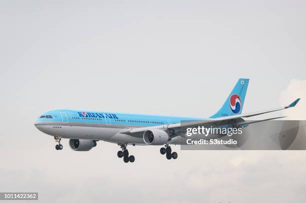 An Airbus A330-300 passenger plane belonging to the Korean Air lands at Hong Kong International Airport on August 01 2018 in Hong Kong, Hong Kong....