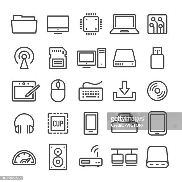 illustrazioni stock, clip art, cartoni animati e icone di tendenza di set icone computer - serie smart line - hard drive