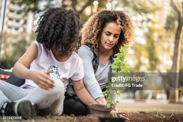 madre e figlia piantano un giovane albero su terra nera come concetto salva mondo - family planting tree foto e immagini stock