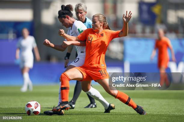 Grace Jale of New Zealand is challenged by Victoria Pelova of Netherlands during the FIFA U-20 Women's World Cup France 2018 group A match between...