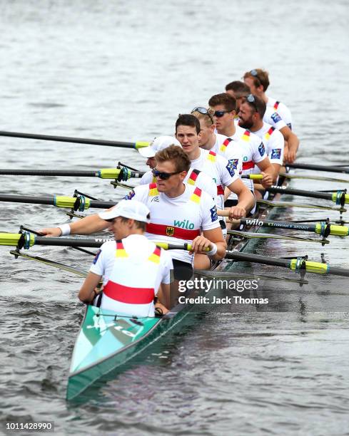 The Germany team return to shore following victory in the Men's Eight during the rowing on Day Four of the European Championships Glasgow 2018 at...