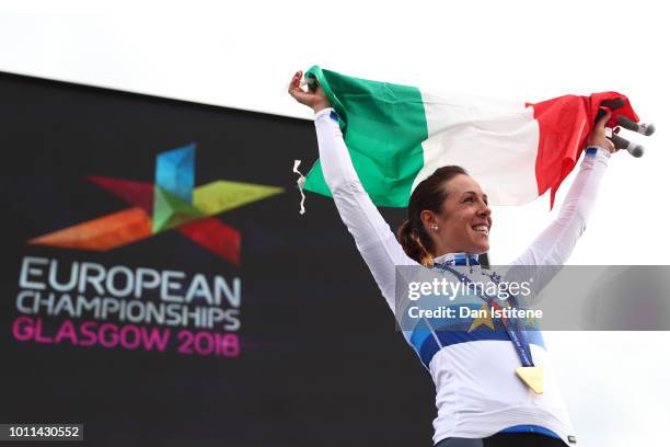 Marta Bastianelli of Italy celebrates with her Gold Medal after winning the Women's Road Race during the Road Cycling on Day Four of the European...