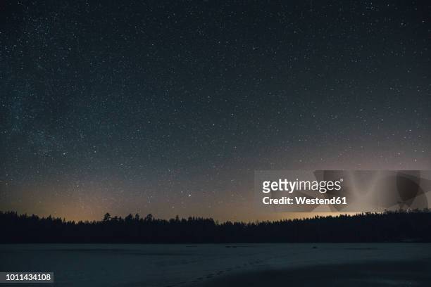 sweden, sodermanland, frozen lake navsjon in winter under starry sky at night - winter sky stock pictures, royalty-free photos & images