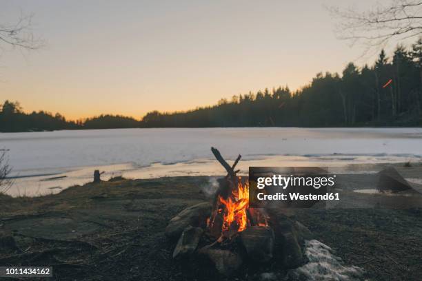 sweden, sodermanland, campfire at lakeside in winter - winter fire fotografías e imágenes de stock