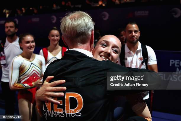 Sanne Wevers of Netherlands reacts after winning gold in the Women's Individual Beam Final during the gymnastics on Day Four of the European...