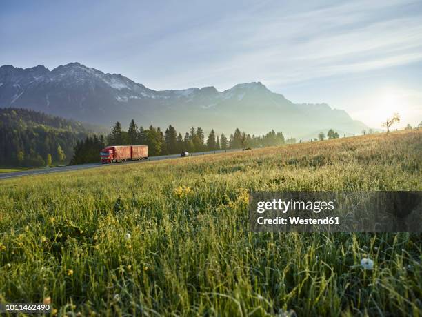 austria, tyrol, truck on country road in the morning light - flatbed truck stock-fotos und bilder