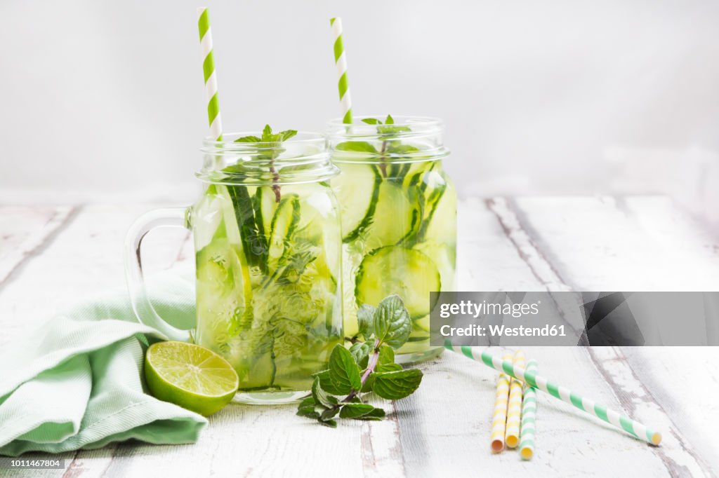 Organic cucumber water with mint and lime