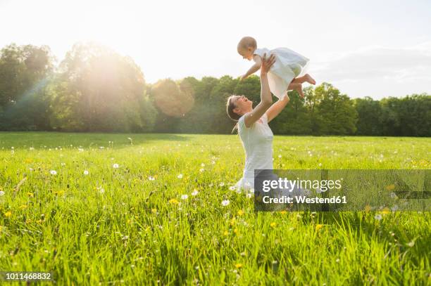 mother and daughter playing on meadow in summer - 飛行機のまね ストックフォトと画像