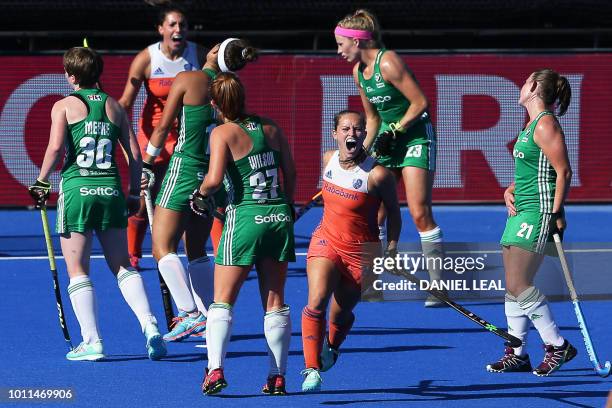 Netherland's Kelly Jonker celebrates after scoring the second goal during the gold medal final field hockey match between the Netherlands and Ireland...