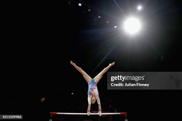 Lorette Charpy of France competes in the Women's Individual Uneven Bars Final during the gymnastics on Day Four of the European Championships Glasgow...
