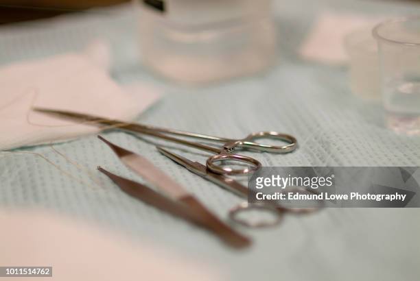 medical suture kit closeup on tray. - suture ストックフォトと画像