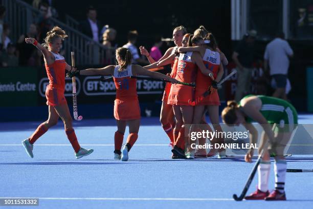 Netherlands' players celebrate winning the gold medal final field hockey match between the Netherlands and Ireland at the 2018 Women's Hockey World...