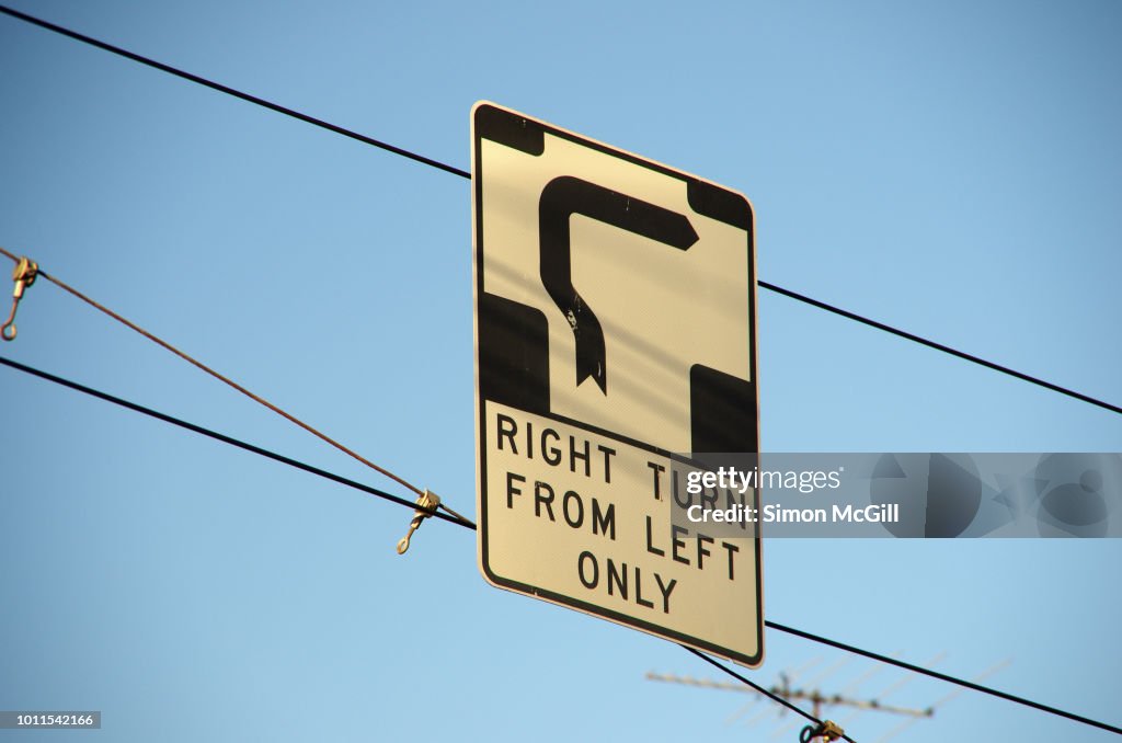 'Right Turn from Left Only' hook turn sign in inner city Melbourne, Victoria, Australia