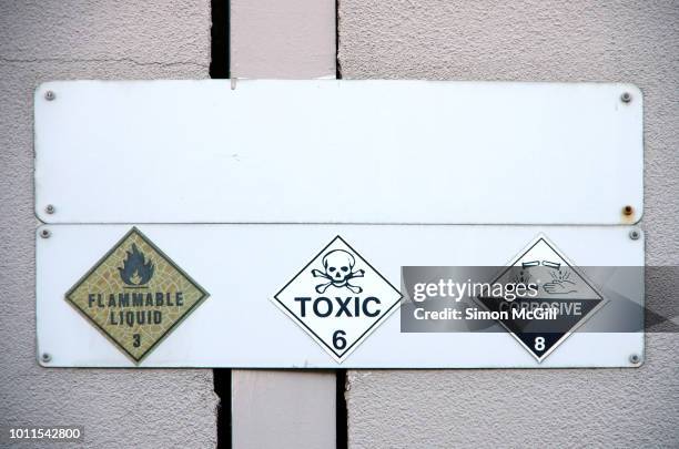 flammable liquid 3, toxic 6 and corrosive liquid 8 signs on the exterior wall of a building - flammable 個照片及圖片檔