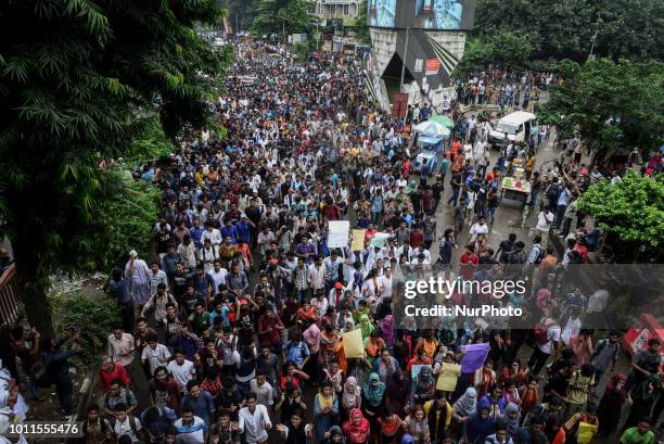 Bangladeshi students during clashes with the police during a student protest in Dhaka on August 5 following the deaths of two college students in a...