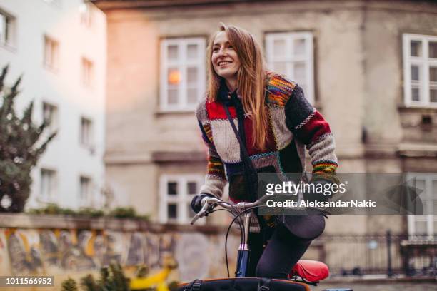 cargo bike ride - winter cycling stock pictures, royalty-free photos & images