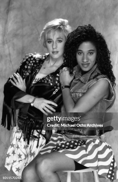 Musicians Pepsi and Shirlie aka Helen DeMacque and "nShirlie Holliman for a portrait session in 1986 in Los Angeles.
