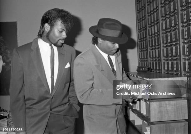 Musicians Jimmy Jam and Terry Lewis of the rock band "Morris Day and the Time"visit the "Right On!" Magazine office on September 22, 1982 in Los...