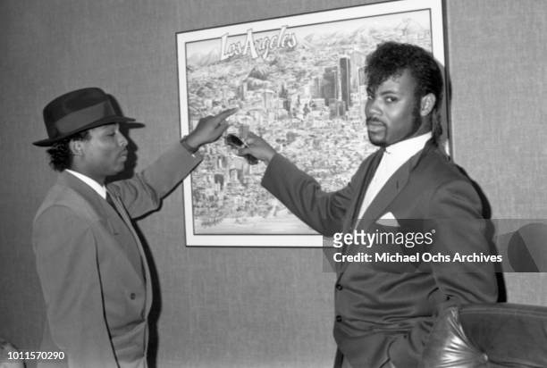 Musicians Jimmy Jam and Terry Lewis of the rock band "Morris Day and the Time"visit the "Right On!" Magazine office on September 22, 1982 in Los...