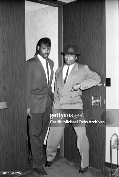 Musicians Jimmy Jam and Terry Lewis of the rock band "Morris Day and the Time"visit the "Right On!" Magazine office on September 22, 1982 in Los...