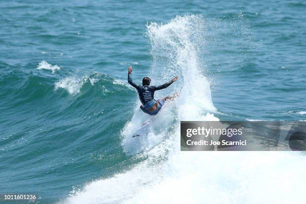 Kanoa Igarashi in action against Jadson Andre in their semifinal heat at the Vans US Open of Surfing on August 5, 2018 in Huntington Beach,...