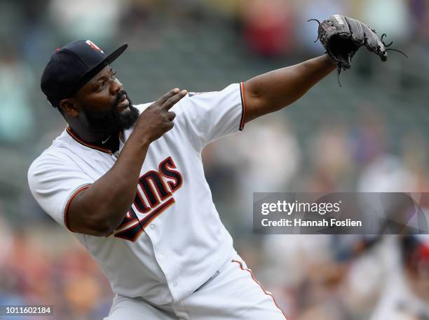 Fernando Rodney of the Minnesota Twins celebrates defeating the Kansas City Royals after the game on August 5, 2018 at Target Field in Minneapolis,...