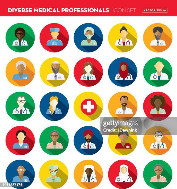 flat design diverse medical professionals themed icon set with shadow - healthcare and medicine icons color stock illustrations
