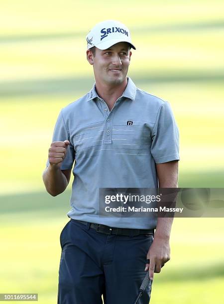 Andrew Putnam reacts after putting in for birdie on the 18th hole during the final round of the Barracuda Championship at Montreux Country Club on...