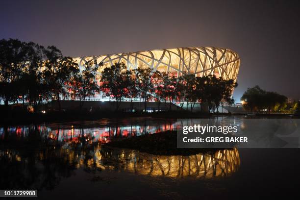 This photo taken on August 1, 2018 shows the National Stadium, known as the Bird's Nest, which was built for the 2008 Beijing Olympic Games, in...