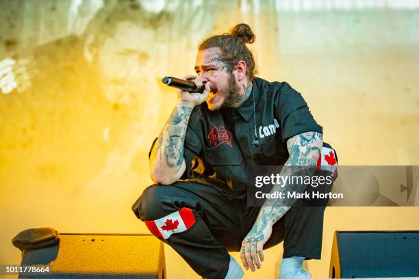 Post Malone performs at the Osheaga Music and Art Festival at Parc Jean-Drapeau on August 5, 2018 in Montreal, Canada.