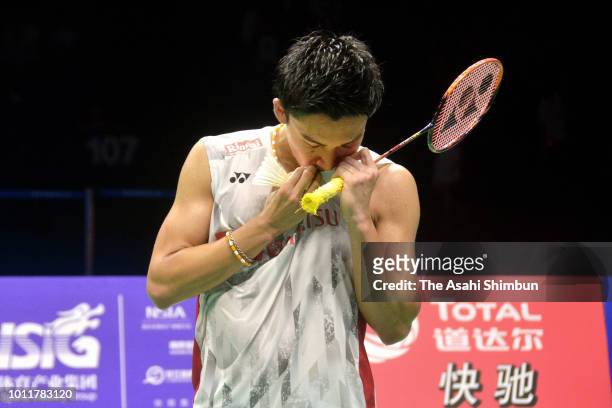 Kento Momota of Japan celebrates after winning the Men's Singles final against Shi Yuqi of China on day seven of the Total BWF World Championships at...