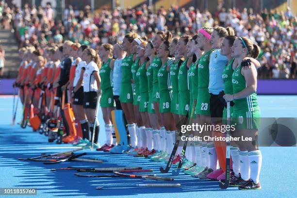 The Ireland team stand for their National anthem during the Final game between Netherlands and Ireland of the FIH Womens Hockey World Cup at Lee...