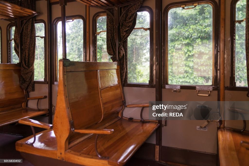 Ancient interior steam train carriage Tuscany Italy Europe