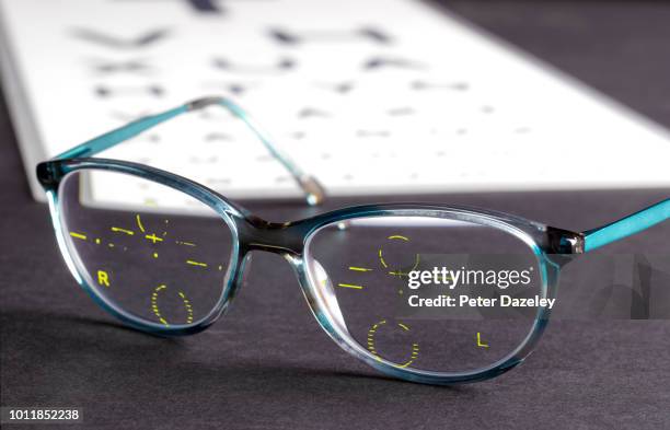 optician's measurements marked on glasses - 水晶体 ストックフォトと画像