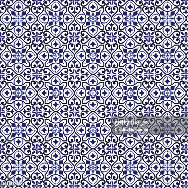 ilustraciones, imágenes clip art, dibujos animados e iconos de stock de patrón de vector azulejo, mosaico floral de lisboa árabe, mediterráneo azul marino sin ornamento - portuguese culture