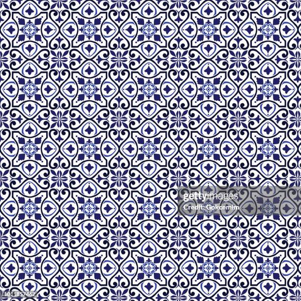 illustrations, cliparts, dessins animés et icônes de modèle de tuile de vecteur, lisbonne arabe mosaïque florale, méditerranée seamless bleu marine ornement - african print