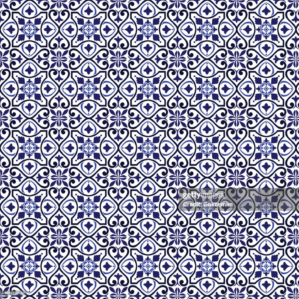 Vector tile pattern, Lisbon Arabic Floral Mosaic, Mediterranean Seamless Navy Blue Ornament
