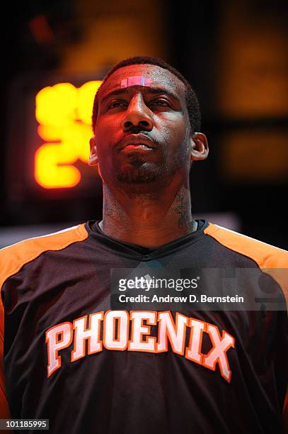 Amar'e Stoudemire of the Phoenix Suns looks on during the performance of the National Anthem before taking on the Los Angeles Lakers in Game Five of...