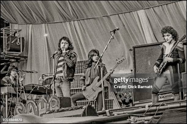 The Sensational Alex Harvey Band perform on stage at Stoke City Football Club, United Kingdom, 17th May 1975. L-R Hugh McKenna, Alex Harvey, Chris...
