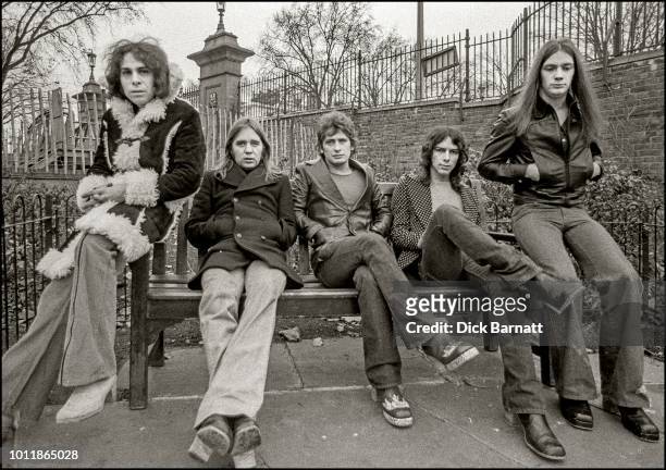 Rock band Elf, group portrait, London, circa 1972. Left to right: Ronnie Dio, Gary Driscoll, Mickey Lee Soule, Steve Edwards, Craig Gruber.