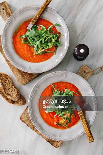 tomato soup with stracciatella - gazpacho stock pictures, royalty-free photos & images