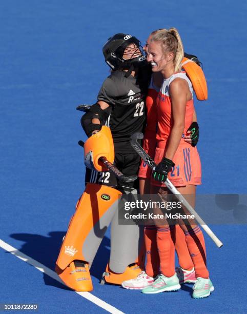 Josine Koning, Lauren Stam and Laurien Leurink of Netherlands celebrate their team's sixth goal, scored by Caia Van Maasakker during the FIH Womens...