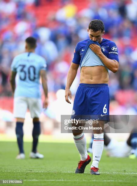 Danny Drinkwater of Chelsea appears to look dejected after the FA Community Shield match between Manchester City and Chelsea at Wembley Stadium on...