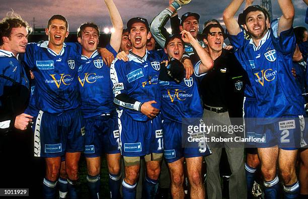 South Melbourne team celebrate their 1999 NSL finals win over Sydney United at Bob Jane stadium,Melbourne Australia. Mandatory Credit: Robert...
