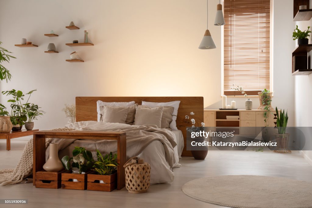 Einfaches Doppelbett, Tisch, Kästen mit Pflanzen, Fenstervorhänge neben einer leeren Wand in einem Schlafzimmer-Interieur. Echtes Foto